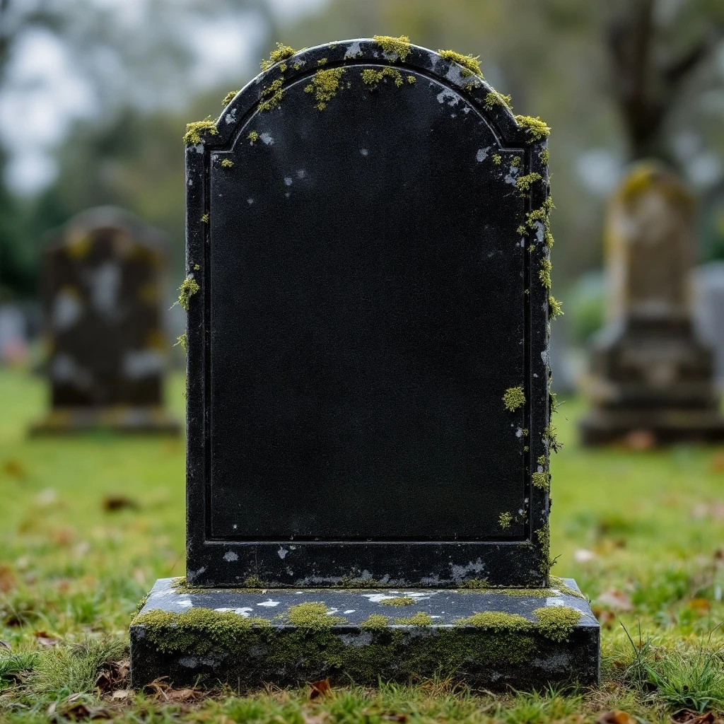 Before — Black granite headstone — lichen & grime removed