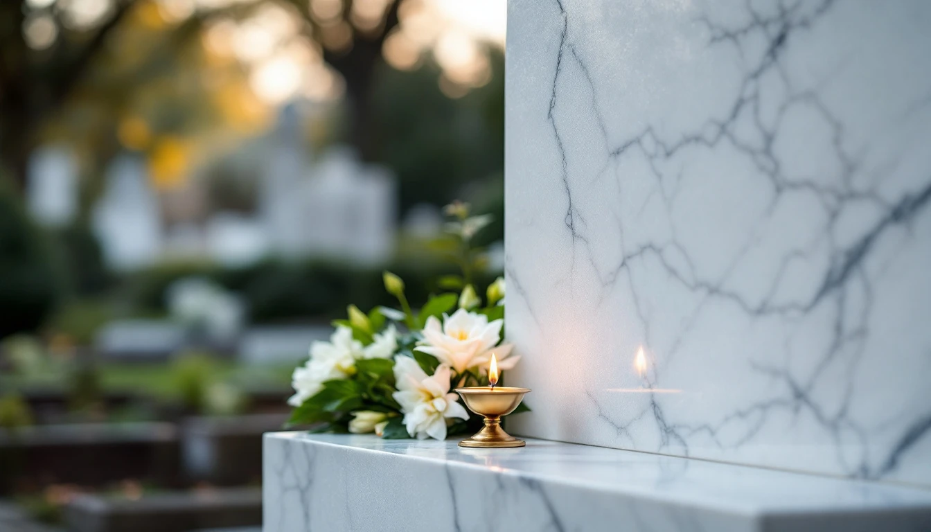 A white marble Greek Orthodox memorial with a kandili grave lamp in a North London cemetery